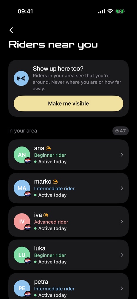 Riders near you: a list of riders in your area with their level and Active today
