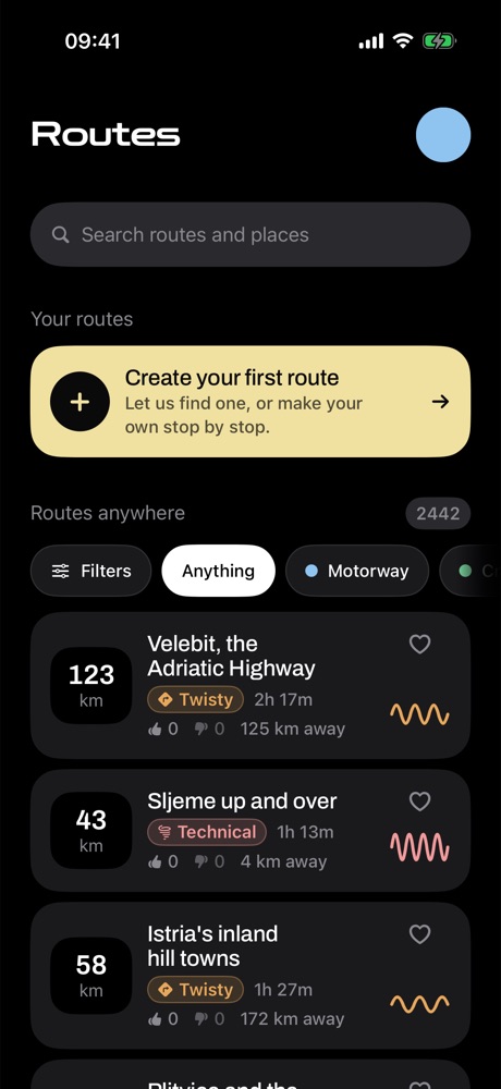 The Roads list with distances, riding times and corners